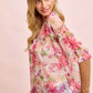 BiBi floral print short sleeves boxy mesh top, sheer pink floral blouse
