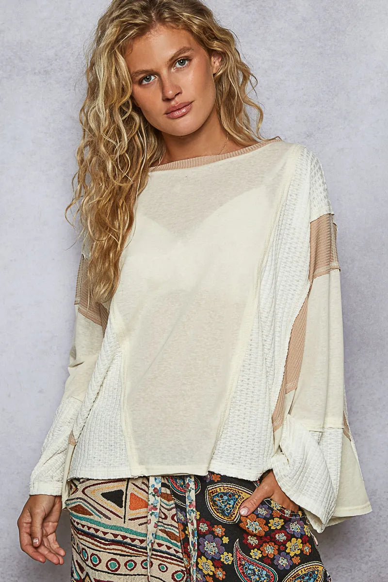 POL Contrast Round Neck Long Sleeve T-Shirt Cream T-Shirts