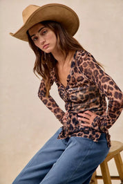 BiBi Leopard Printed Mesh Shirt With Button Up V Neck | Shirts Daverri Fashions