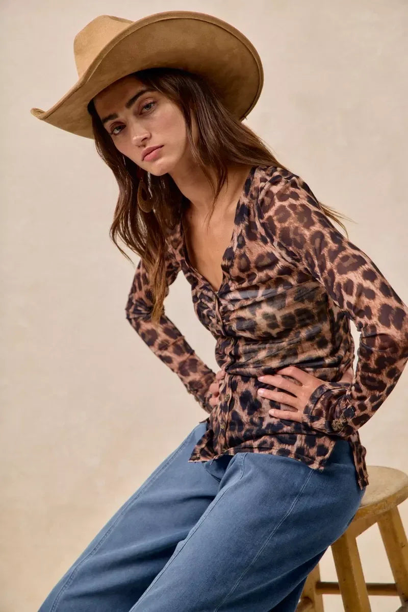 BiBi Leopard Printed Mesh Shirt With Button Up V Neck - DAVERRI FASHIONS