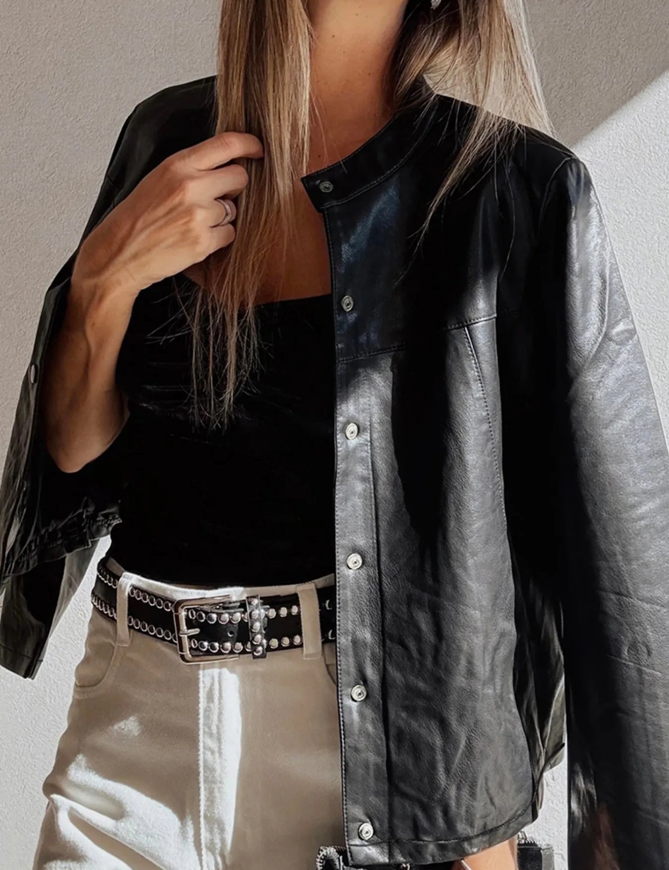 Faux Leather Buttoned Front Boxy Jacket | Jackets Daverri Fashions