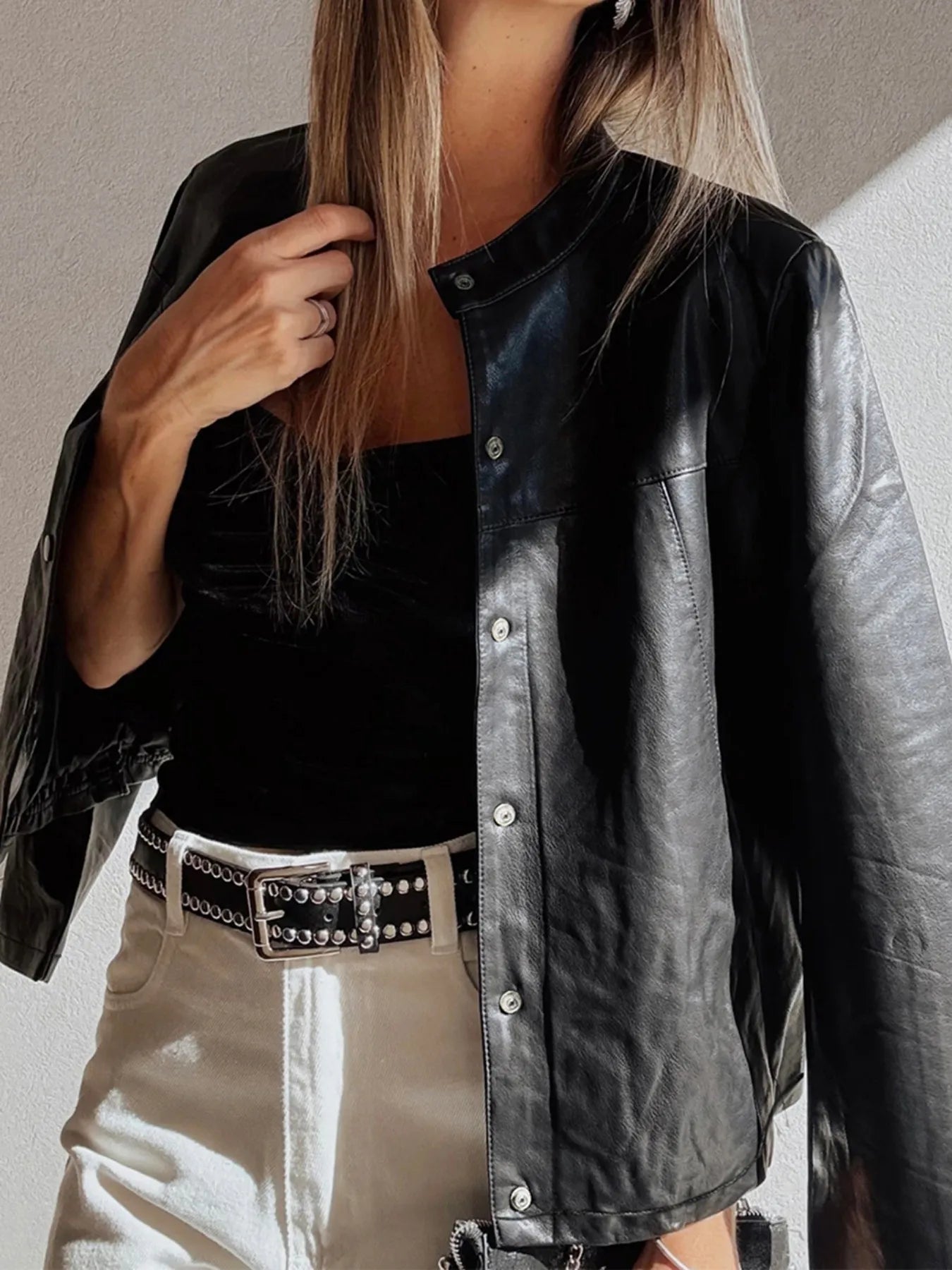Faux Leather Buttoned Front Boxy Jacket | Jackets Daverri Fashions
