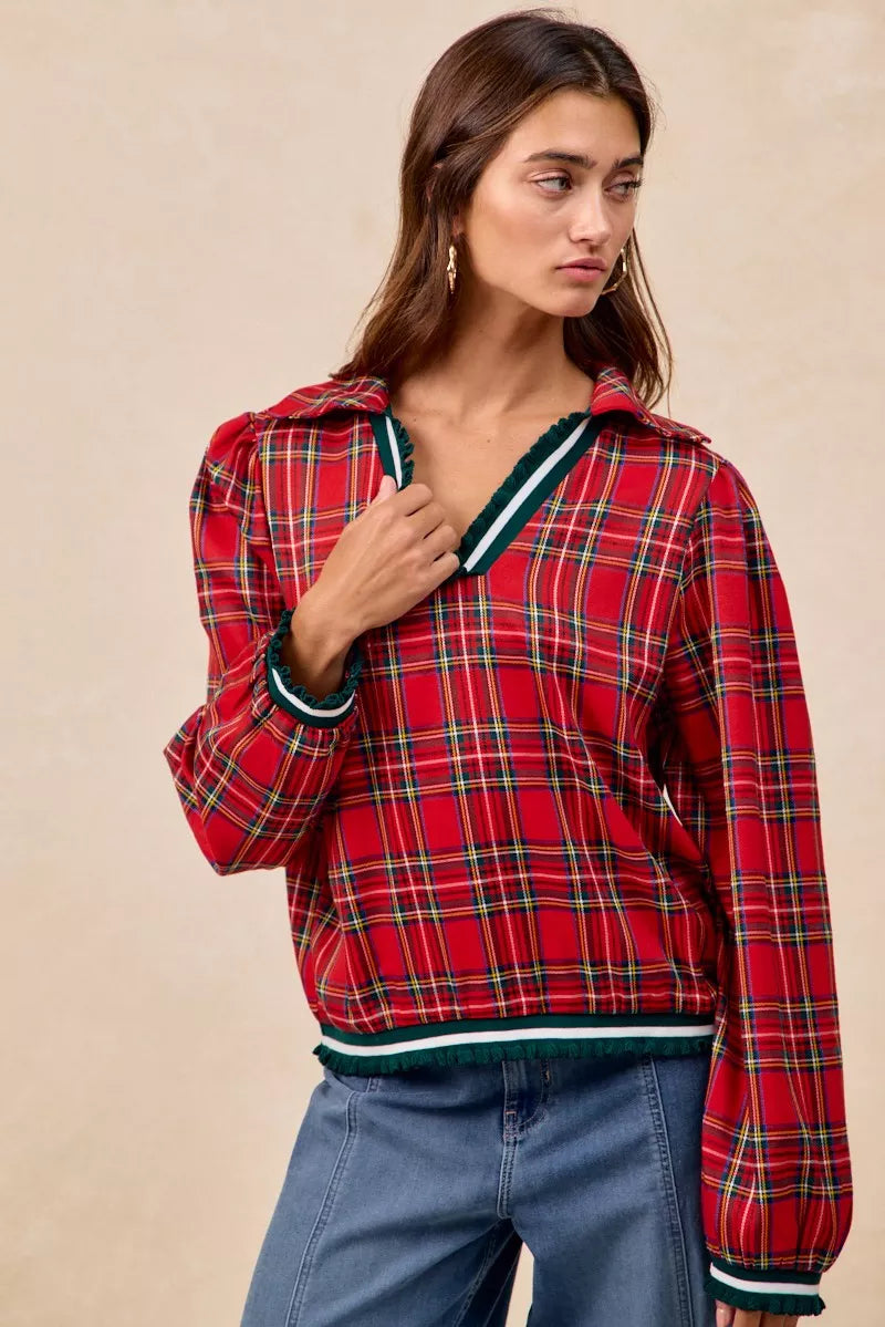 Red plaid BiBi Christmas collared top with ruffles and teal accents