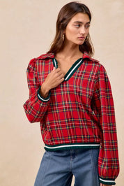 Red plaid BiBi Christmas collared top with ruffles and teal accents