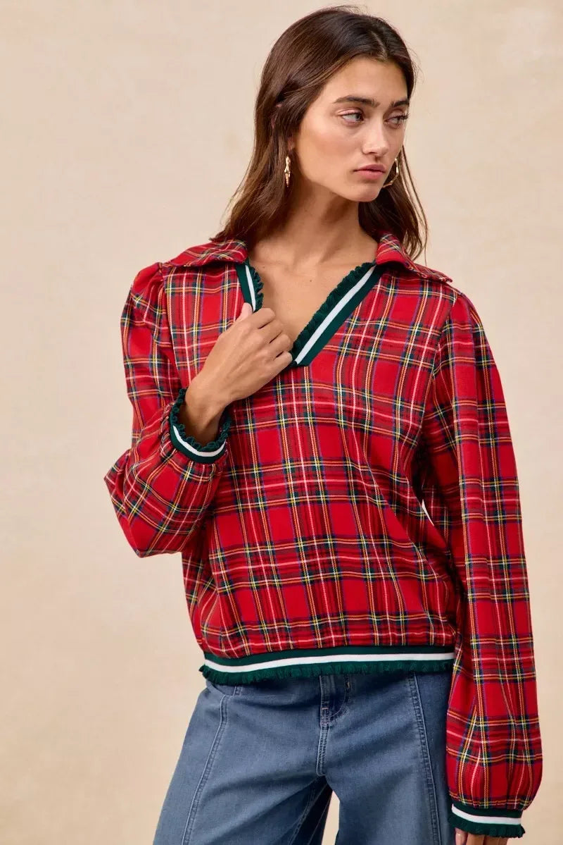 BiBi Christmas Plaid Collared Top with Ruffled Detail - DAVERRI FASHIONS