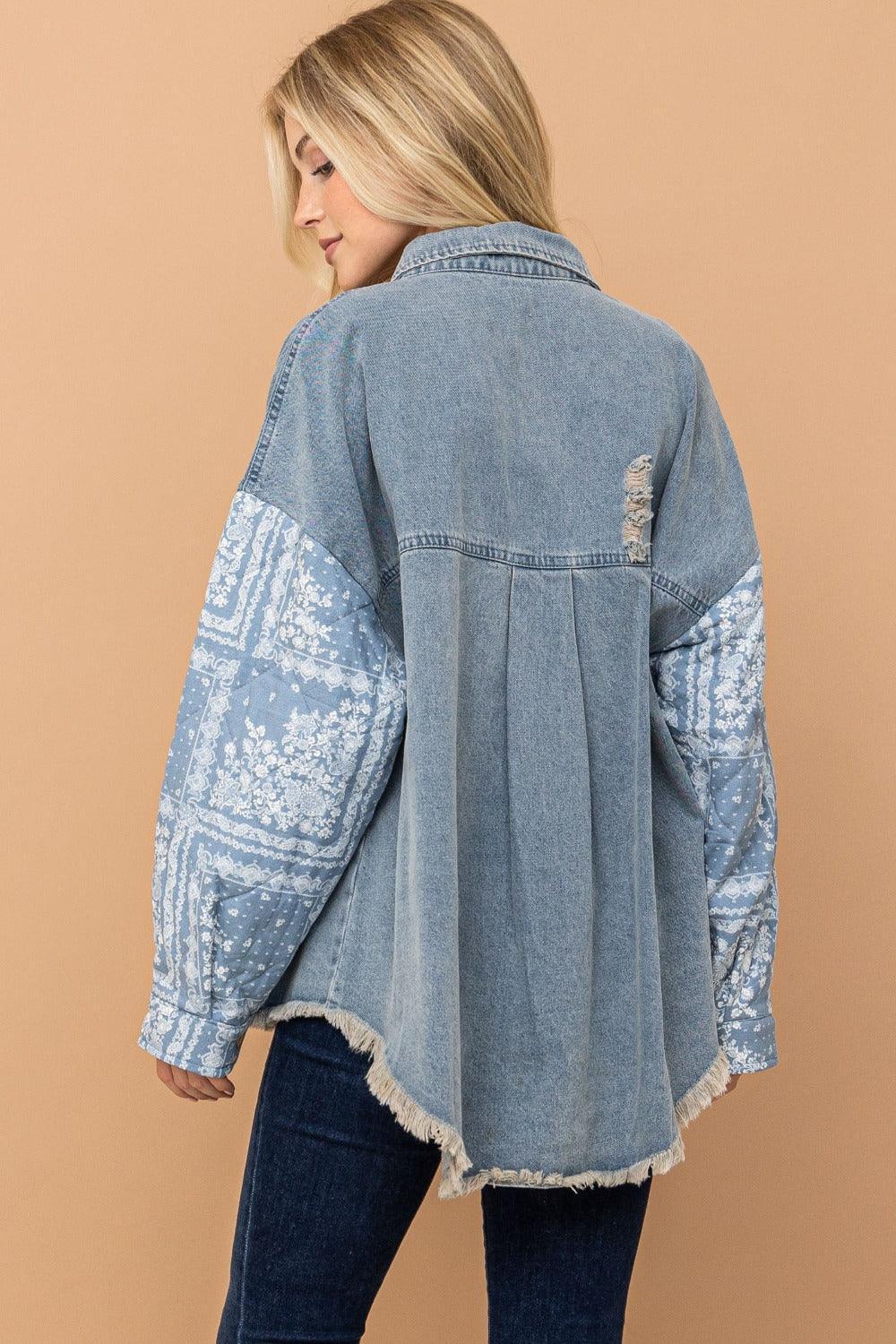 And The Why Full Size Paisley Print Quilted Sleeves Denim Jacket - DAVERRI FASHIONS