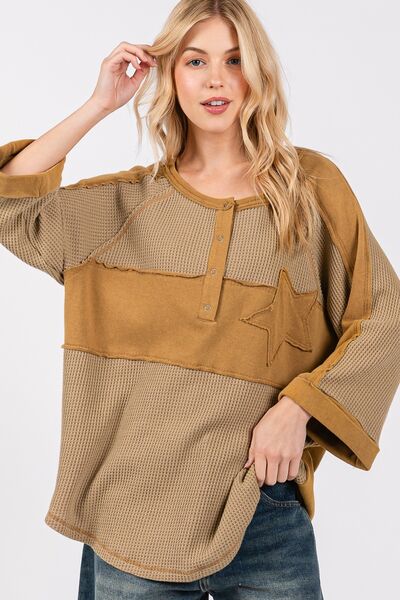 SAGE + FIG Star Applique Patch Exposed Seam Waffle Knit Top Tops