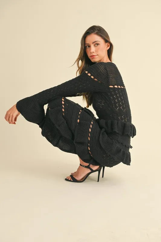 MABLE Long Sleeve Tiered Ruffle Knit Midi Dress