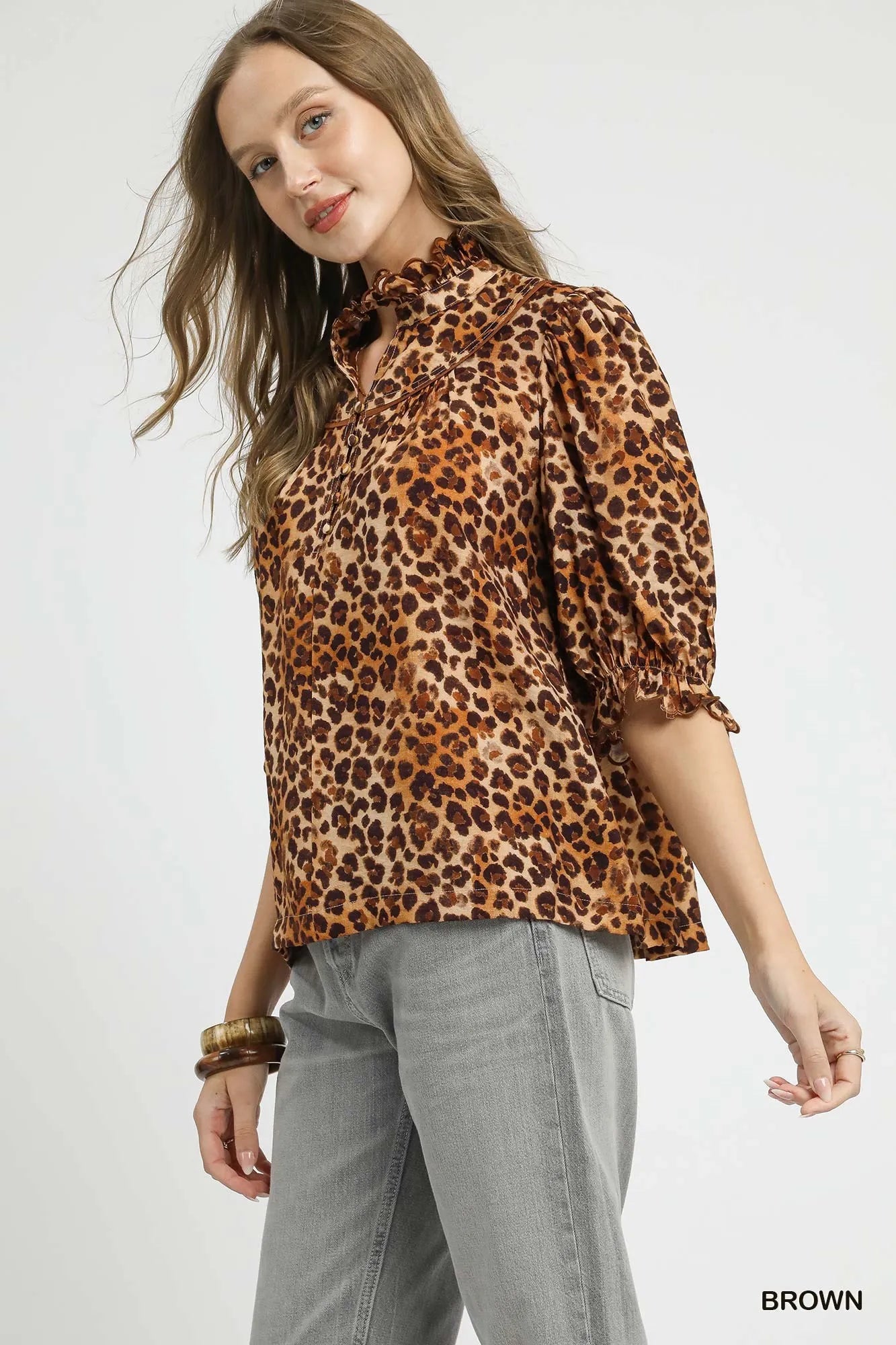 Umgee Full Size Leopard Print Ruffle Neck Blouse Plus Size Blouses
