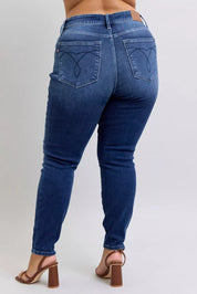 Judy Blue full size washed thermal skinny jeans in blue with brown sandals