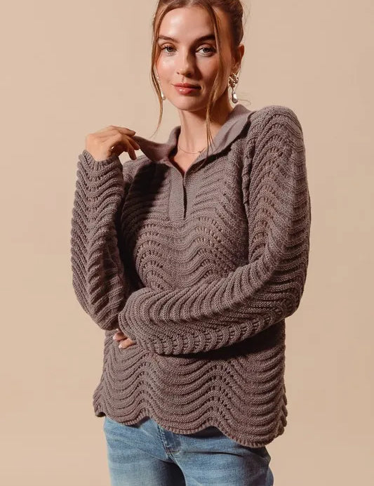 COFFEE SO ME Notched Collar Wavy Texture Sweater Top | Sweaters Daverri Fashions