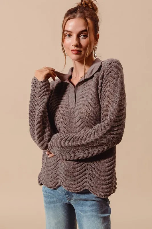 SO ME Notched Collar Wavy Texture Sweater Top COFFEE