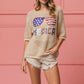 BiBi Sequin American Flag Sunglasses Knit Cover Up with beige sweater and America text