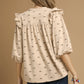 Umgee Bow Print Corduroy Puff Sleeve Blouse with Ruffled
