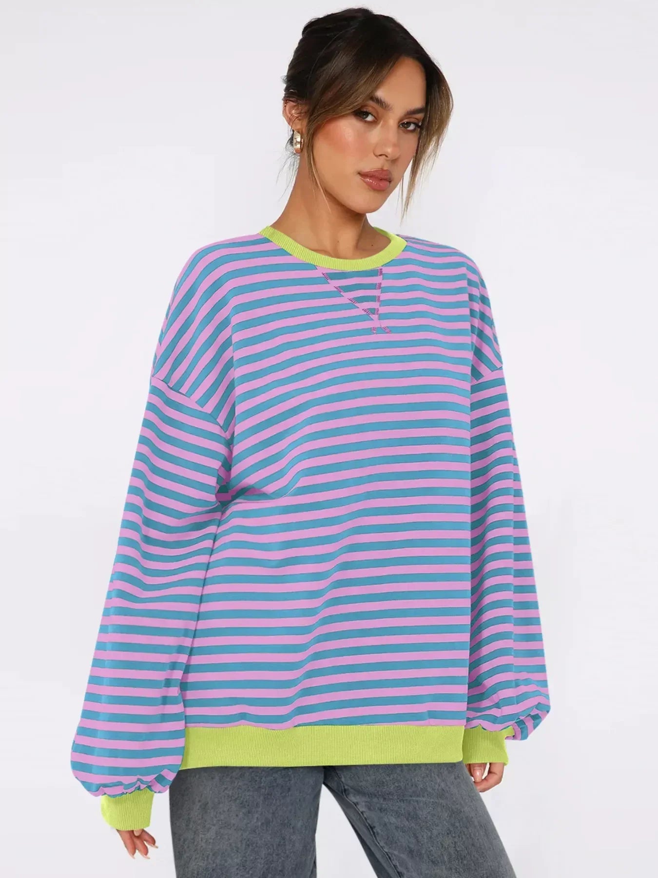 Striped Round Neck Long Sleeve Sweatshirt - DAVERRI FASHIONS