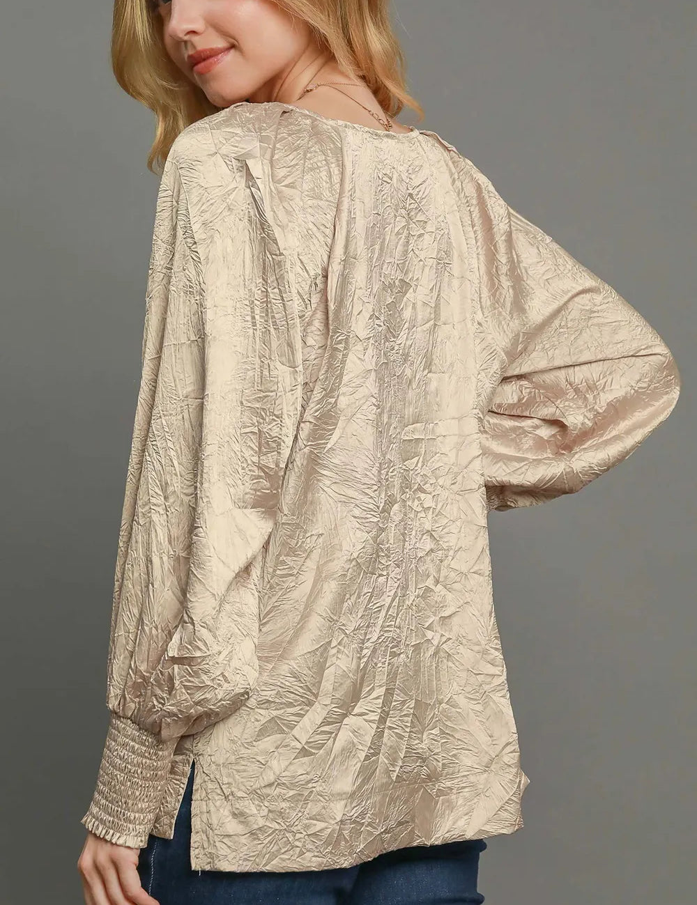 Umgee Wrinkled Round Neck Lantern Sleeve Blouse | Daverri Fashions