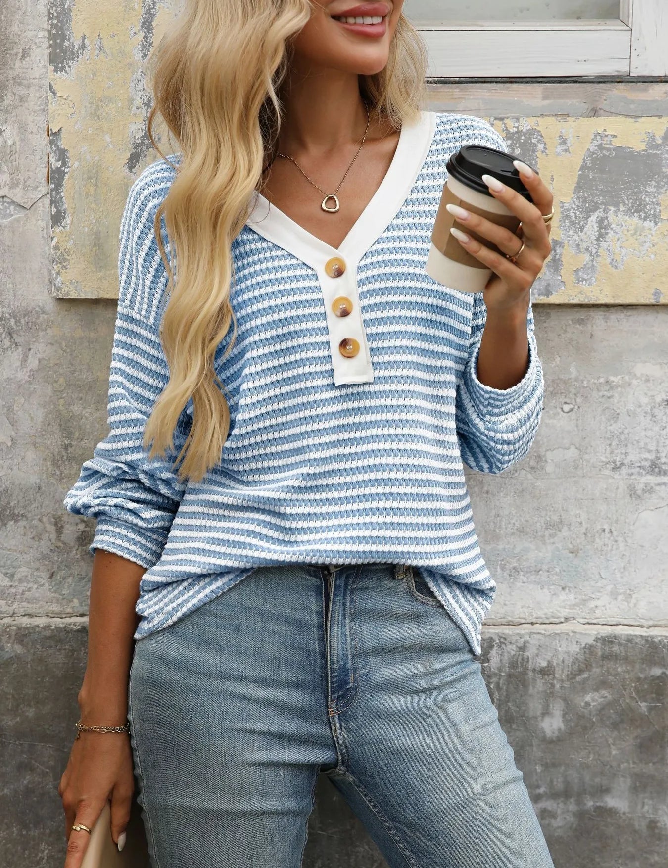 Sky Blue Striped V-Neck Button Front Casual Top | Knit Tops Daverri Fashions