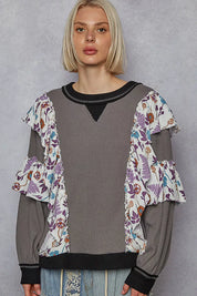 CHARCOAL POL Round Neck Sweater with Floral Ruffle Detail | Sweaters Daverri Fashions