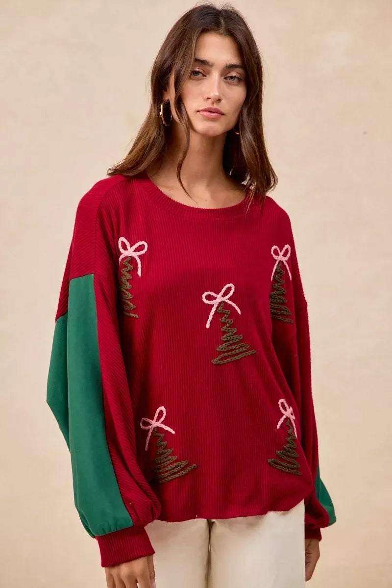 BiBi Christmas Theme Tree Embroidered Sweater - DAVERRI FASHIONS