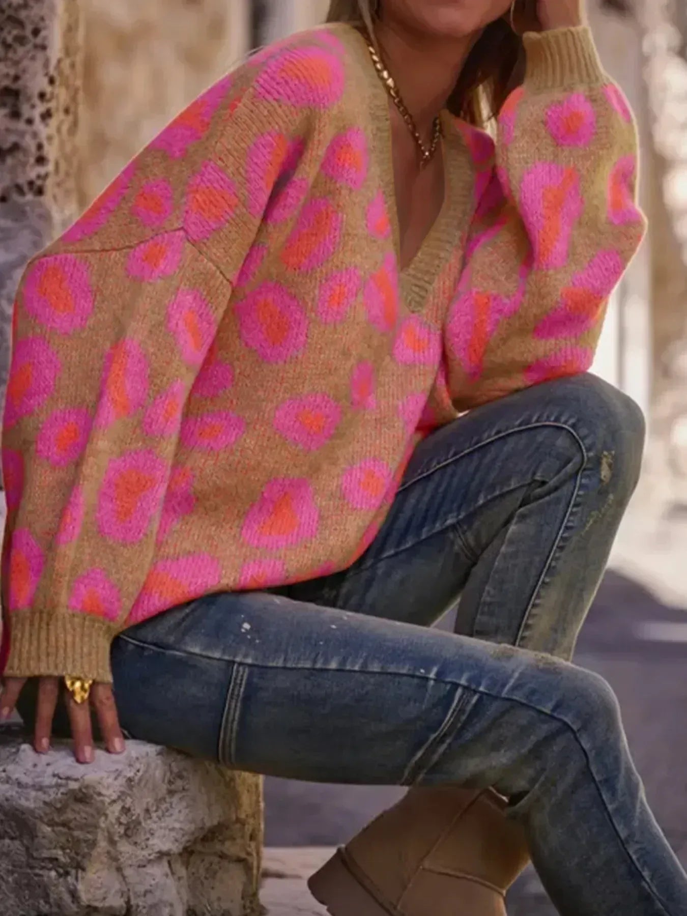 Leopard Oversized V-Neck Sweater - DAVERRI FASHIONS