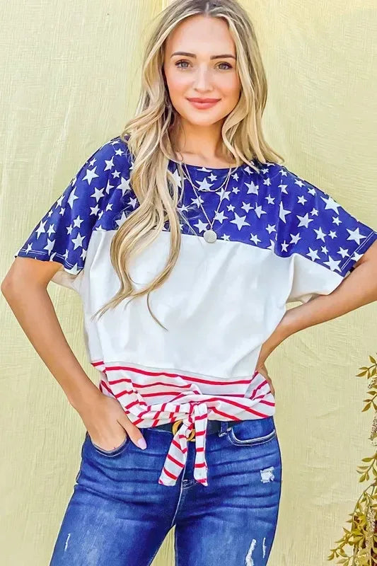And The Why American Flag Print Tie Knot Front Casual Top - DAVERRI FASHIONS