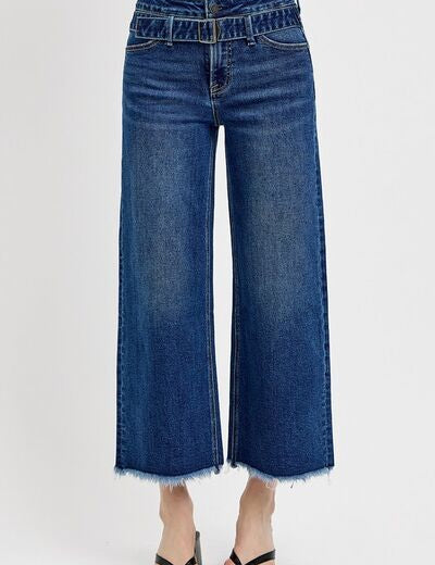 RISEN Raw Hem Wide Leg Attached Buckle Jeans Dark Jeans