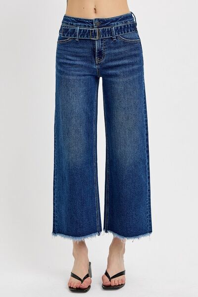 RISEN Raw Hem Wide Leg Attached Buckle Jeans Dark Jeans