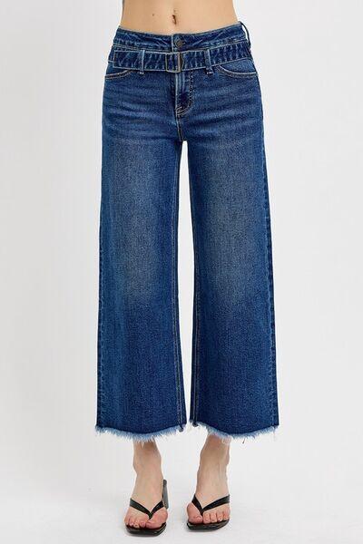 RISEN Raw Hem Wide Leg Attached Buckle Jeans Dark 3(26) Jeans