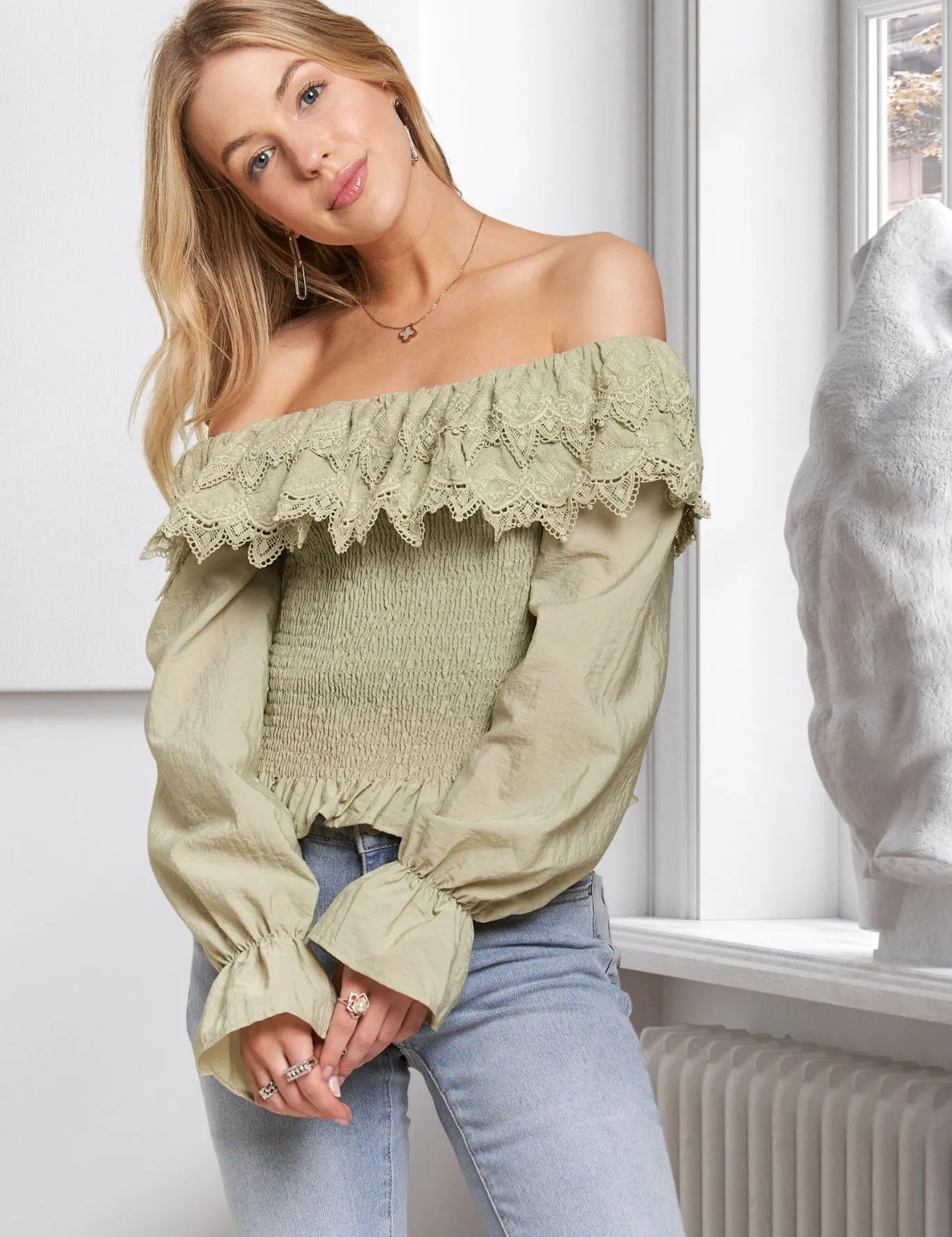 SAGE ADORA Smocking Blouse with Eyelet Lace Ruffle | Daverri Fashions