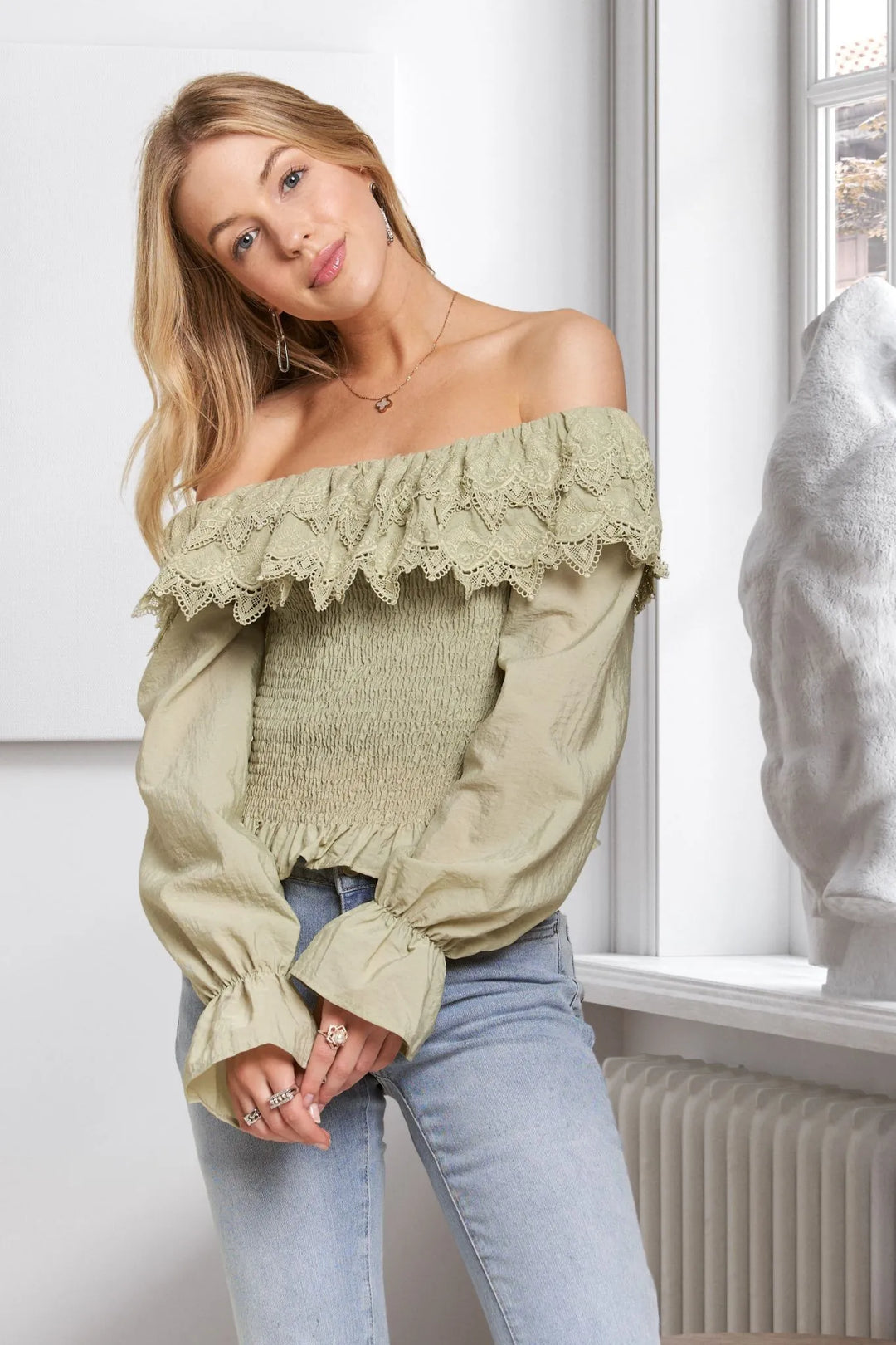 ADORA Smocking Blouse with Eyelet Lace Ruffle SAGE