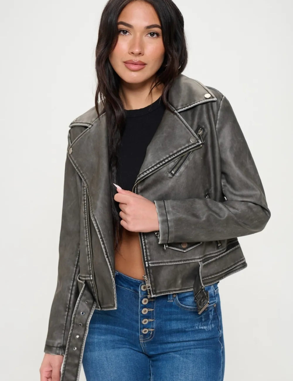 Coalition LA Zip Up Vegan Leather Biker Jacket with Belt | Jackets Daverri Fashions