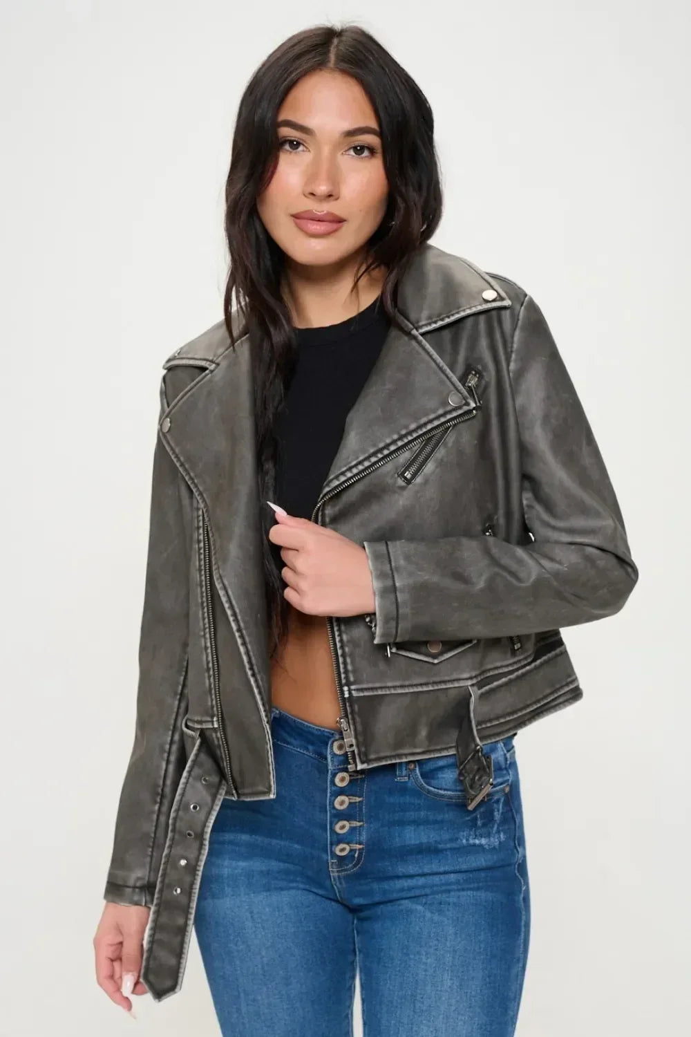 Coalition LA Zip Up Vegan Leather Biker Jacket with Belt - DAVERRI FASHIONS