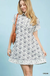 Cream Umgee Border Print Belted Shirt Dress with floral lace trim