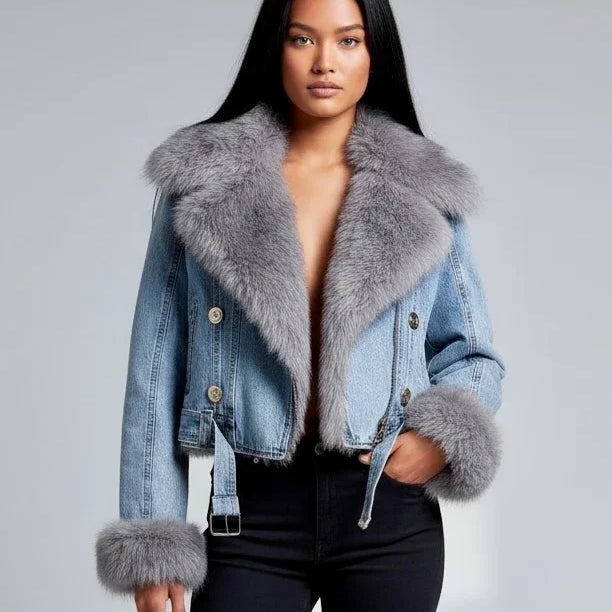 Full-size faux fur collar denim jacket in light blue wash with faux leather details