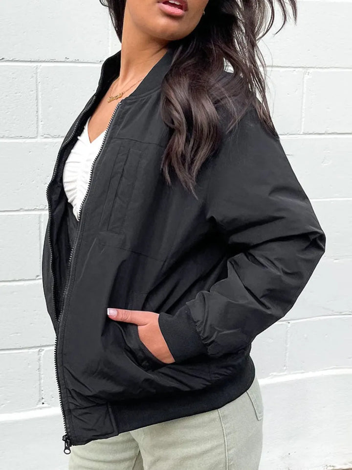 Zip Up Baseball Collar Jacket with Pockets | Jackets Daverri Fashions