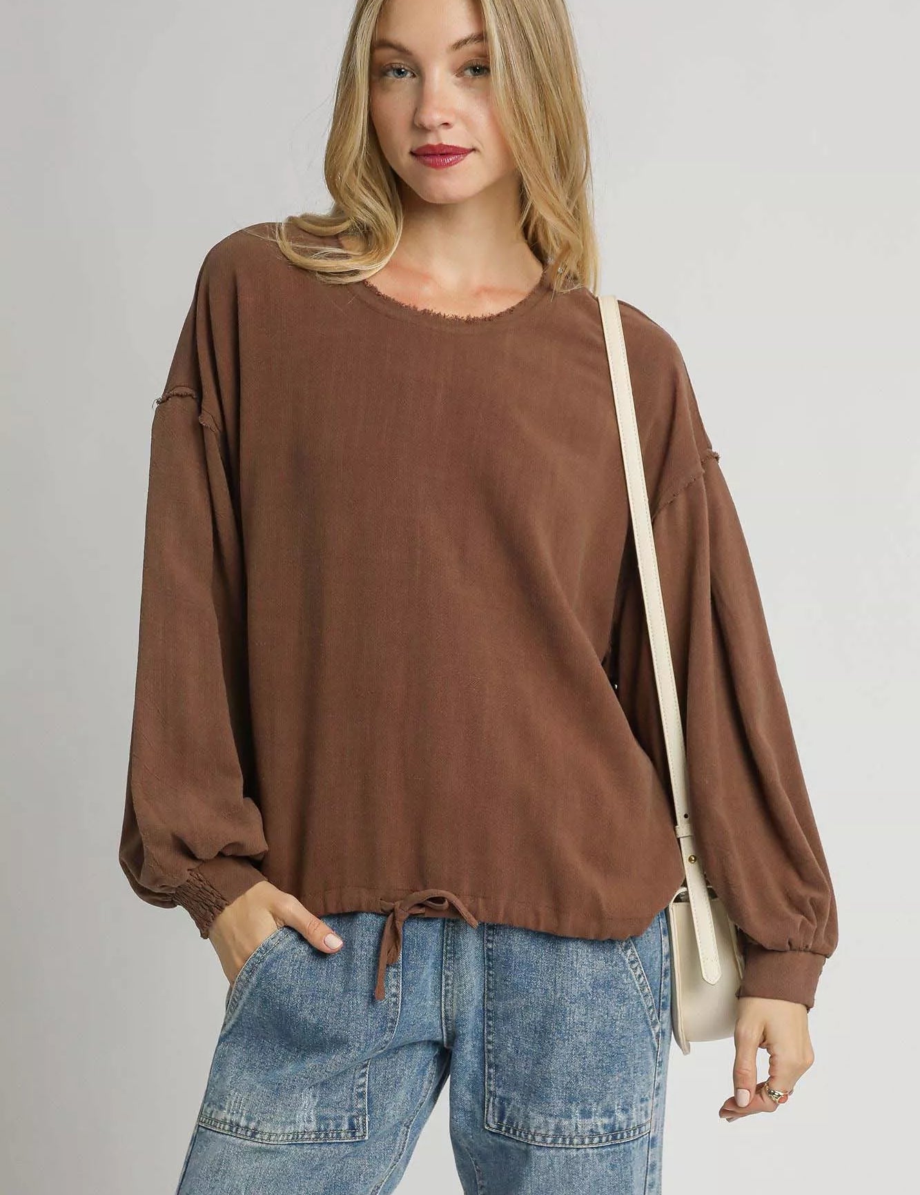 MOCHA Umgee Linen Long Sleeve Top with Drawstring | Blouses Daverri Fashions