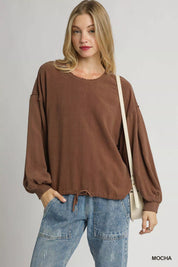 MOCHA Umgee Linen Long Sleeve Top with Drawstring | Blouses Daverri Fashions