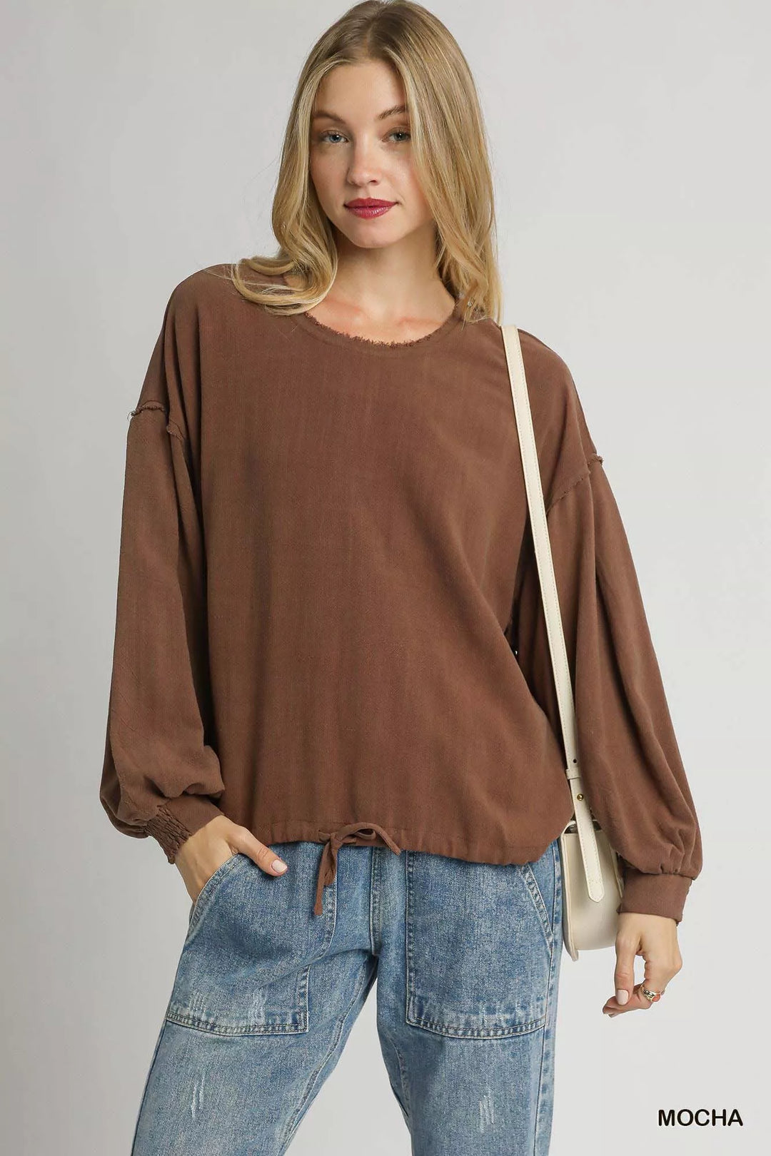 MOCHA Umgee Linen Long Sleeve Top with Drawstring | Blouses Daverri Fashions