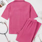 Pink waffle-knit short-sleeve buttoned shirt and matching casual pants set