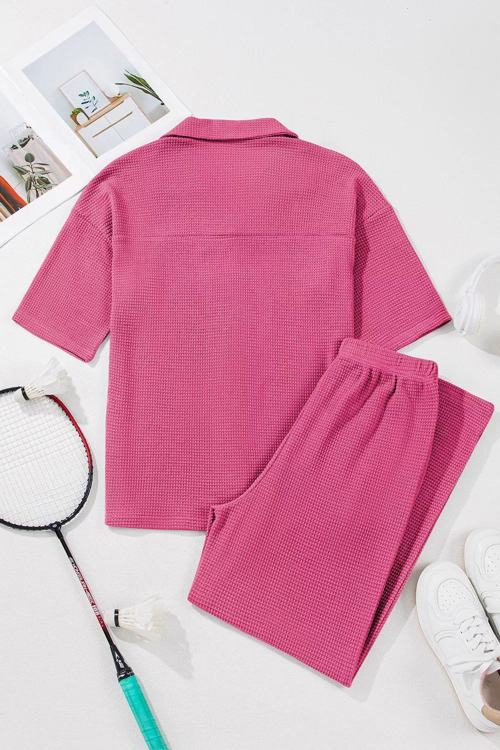 Pink waffle-knit short-sleeve buttoned shirt and matching casual pants set