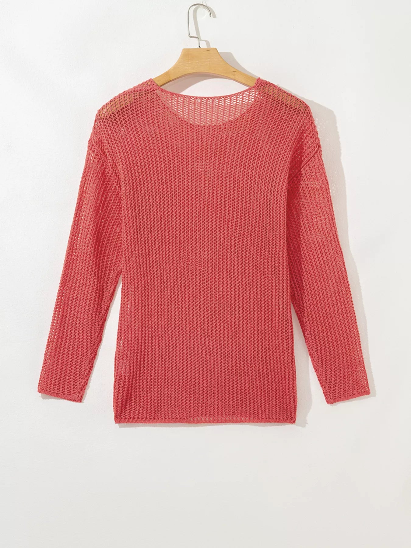 Coral crochet hollow-out long-sleeve knit top with open back