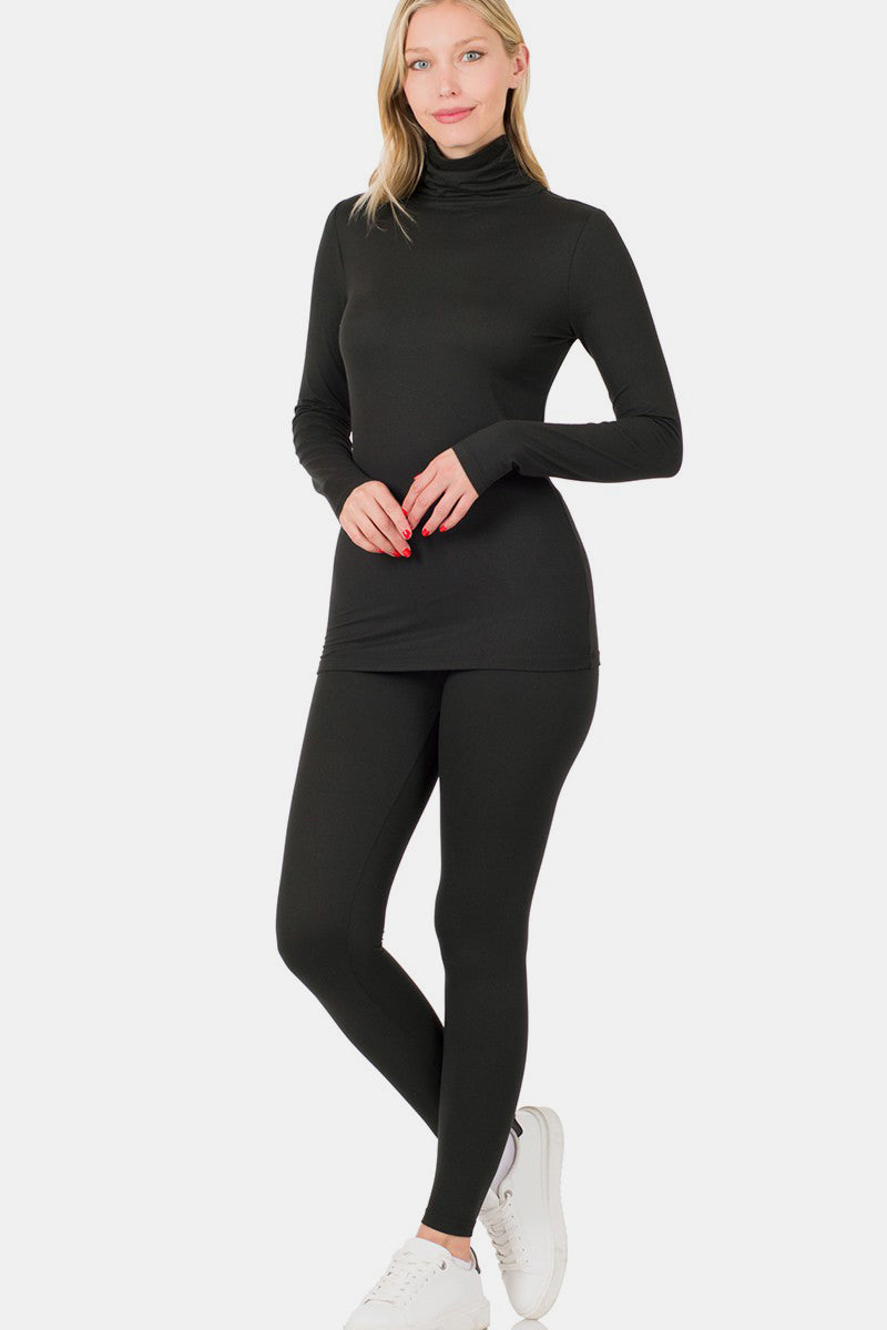 Zenana Full Size Turtleneck Top and Leggings Lounge Set Black