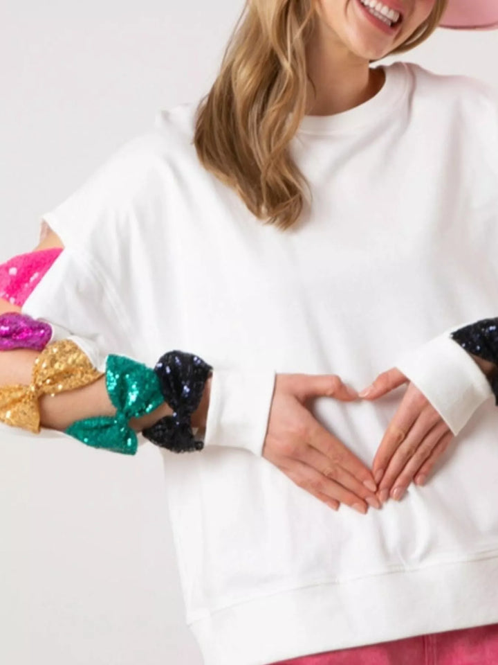 White Sequin Bow Cutout Round Neck Sweatshirt | Sweatshirts Daverri Fashions