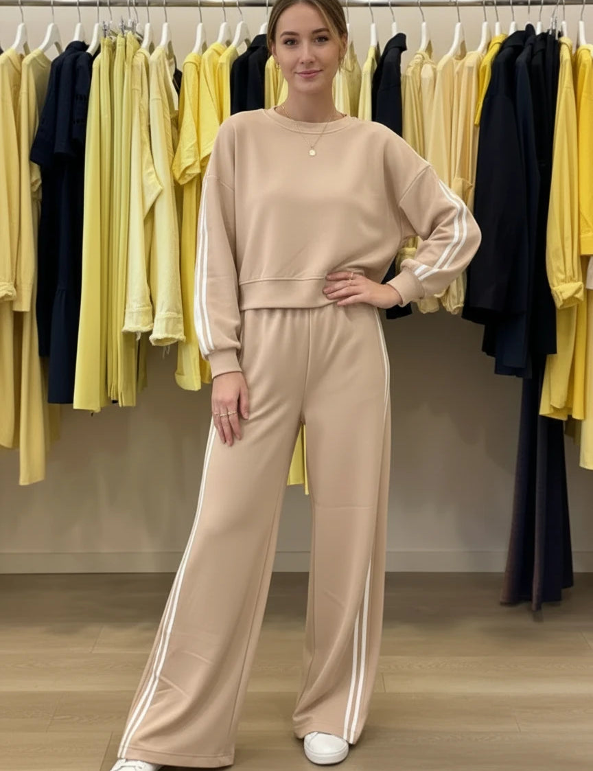 Beige striped crewneck top and elastic waist sweatpants set