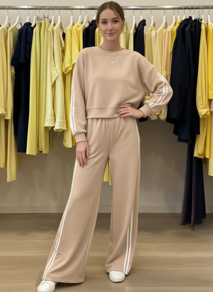 Beige striped crewneck top and elastic waist sweatpants set