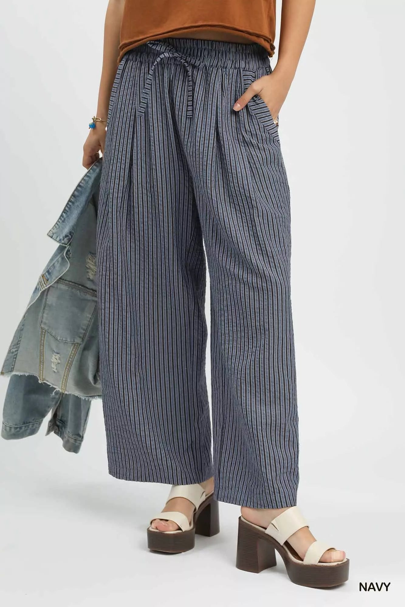 Umgee navy and white striped drawstring wide-leg pants