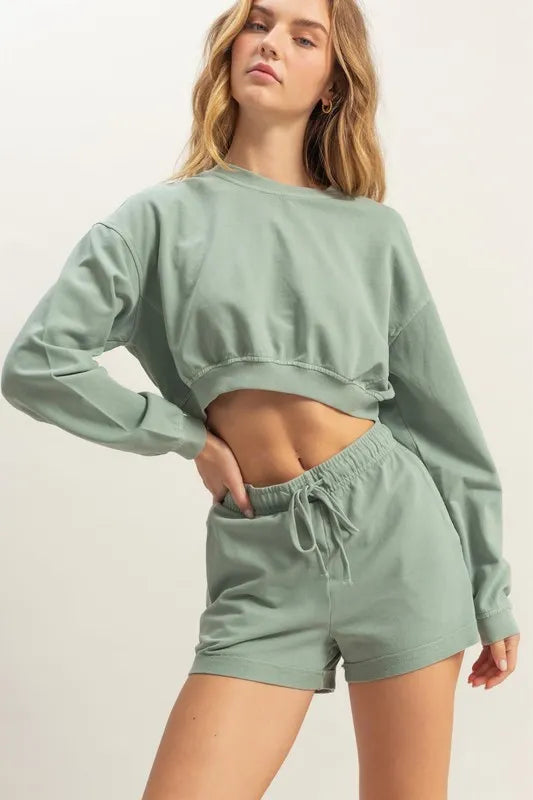 HYFVE Crew Neck Long Sleeve Crop Sweatshirt SAGE GREEN