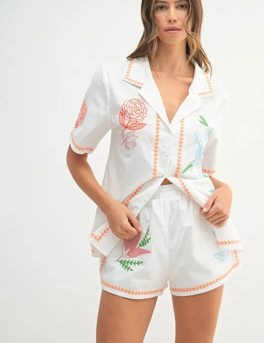 MABLE Embroidered Button Down Shirt and Shorts Set | Outfit Sets Daverri Fashions
