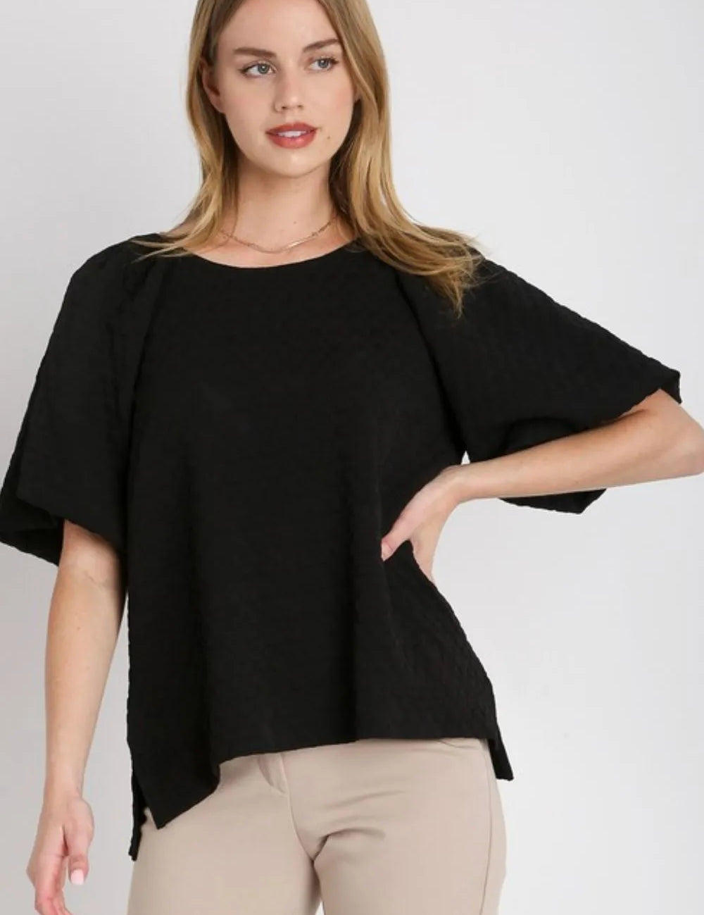 Black Umgee Boxy Cut Jacquard Round Neck Top with Side Slit | Tops Daverri Fashions