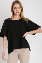 Black Umgee Boxy Cut Jacquard Round Neck Top with Side Slit | Tops Daverri Fashions